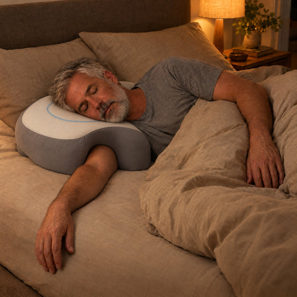 Man in his late 50s sleeping on his side on the Cradle Pillow at night, arm resting through the tunnel