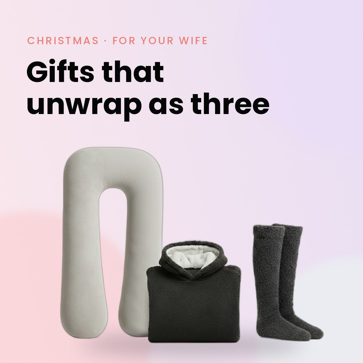 Gifts that unwrap as three: Comfy Wifey Set™ (Cuddly Pillow™, Blanky Hoodie™, Fuzzy Socks™) by The Snuggles