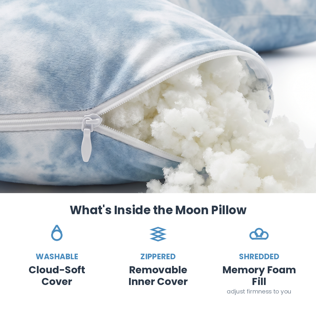 What's inside the Moon Pillow: washable cover, zippered inner cover, shredded memory foam fill