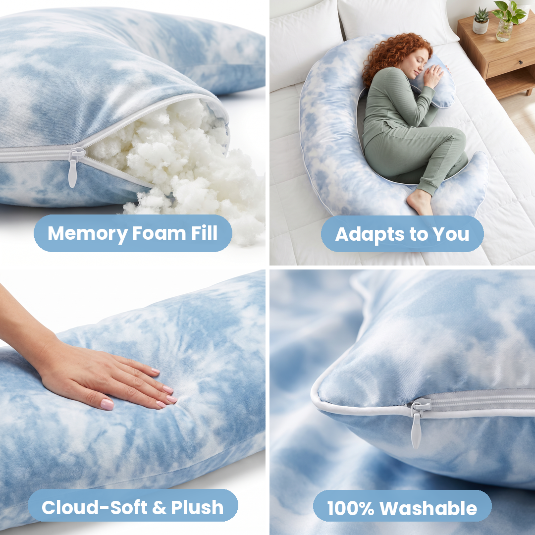 Moon Pillow features: memory foam fill, adapts to you, cloud-soft and plush, 100% washable