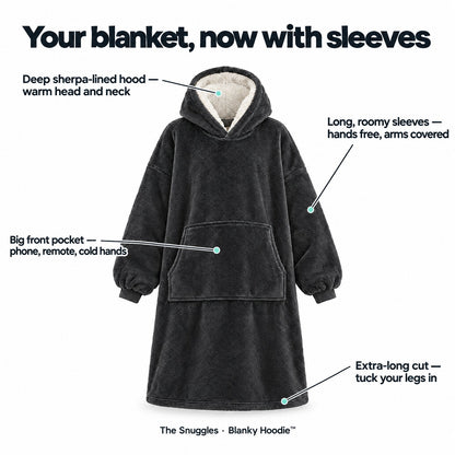 Blanky Hoodie features: deep sherpa-lined hood, long roomy sleeves, big front pocket, extra-long cut