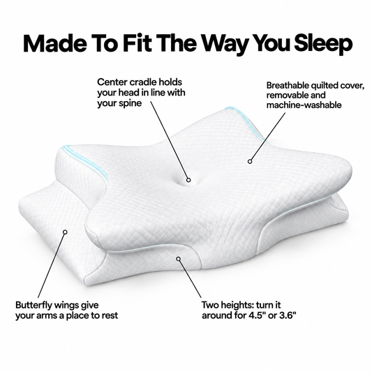 The Snuggles Butterfly Pillow — contoured memory foam neck pillow with center cradle, butterfly wings, two heights (4.5" / 3.6") and a removable washable cover