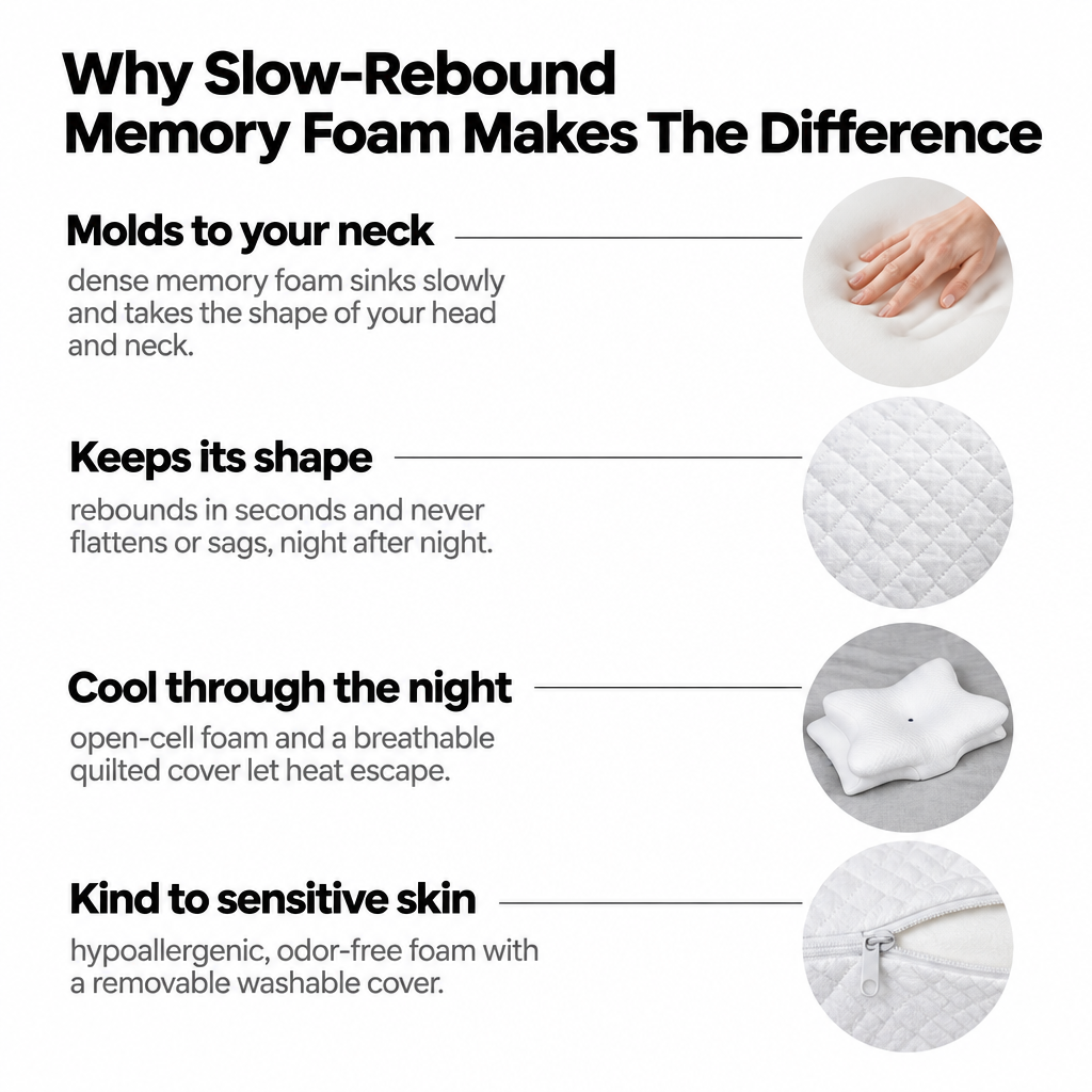 Why slow-rebound memory foam makes the difference — The Snuggles Butterfly Pillow molds to your neck, keeps its shape, stays cool and is kind to sensitive skin