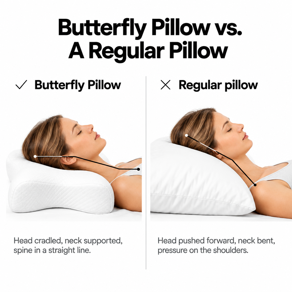 The Snuggles Butterfly Pillow vs a regular pillow — head cradled and spine aligned versus neck bent forward