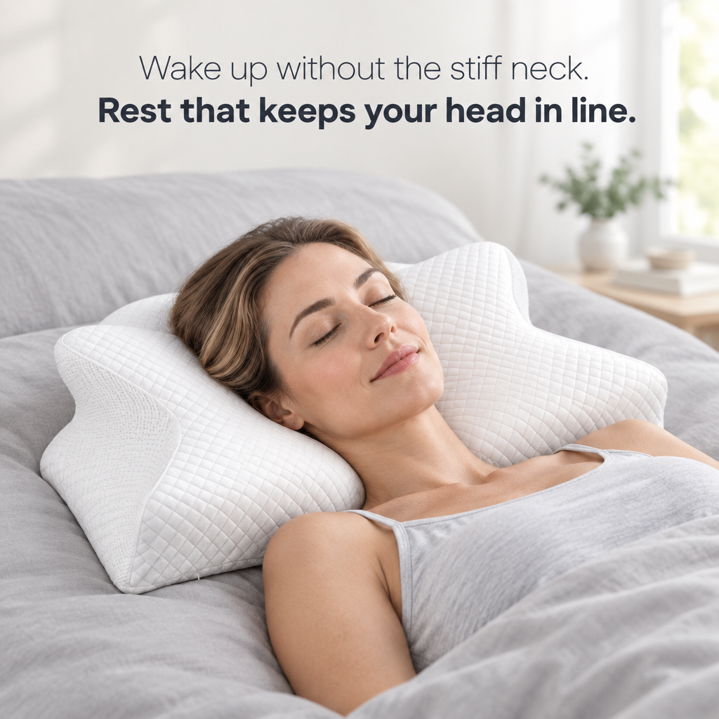 Woman sleeping on her back on The Snuggles Butterfly Pillow — wake up without the stiff neck, rest that keeps your head in line