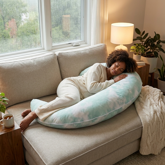 Woman napping on a sofa with the Cloud Pillow™ crescent body pillow