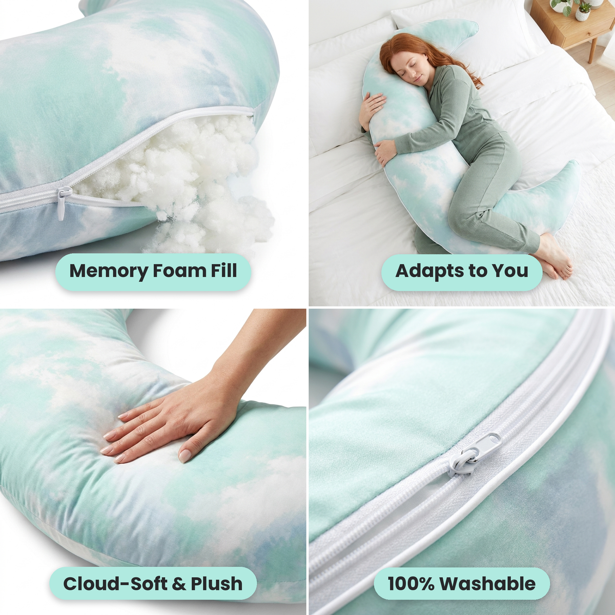 Cloud Pillow™ features: memory foam fill, adapts to you, cloud-soft and plush, 100% washable
