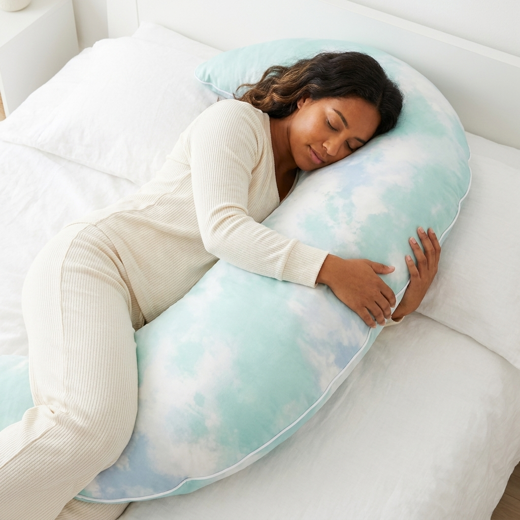 Woman hugging the Cloud Pillow™ with her cheek on the top curve