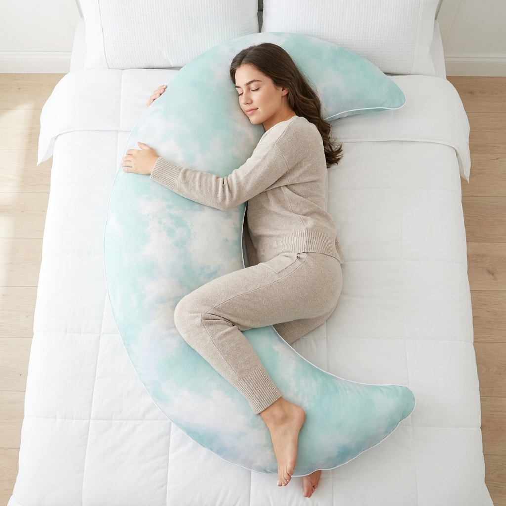 Woman curled around the Cloud Pillow™ crescent body pillow on a white bed, overhead