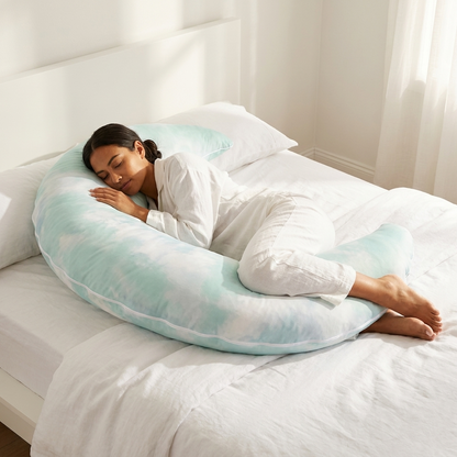Woman side sleeping on the mint Cloud Pillow™ in morning light