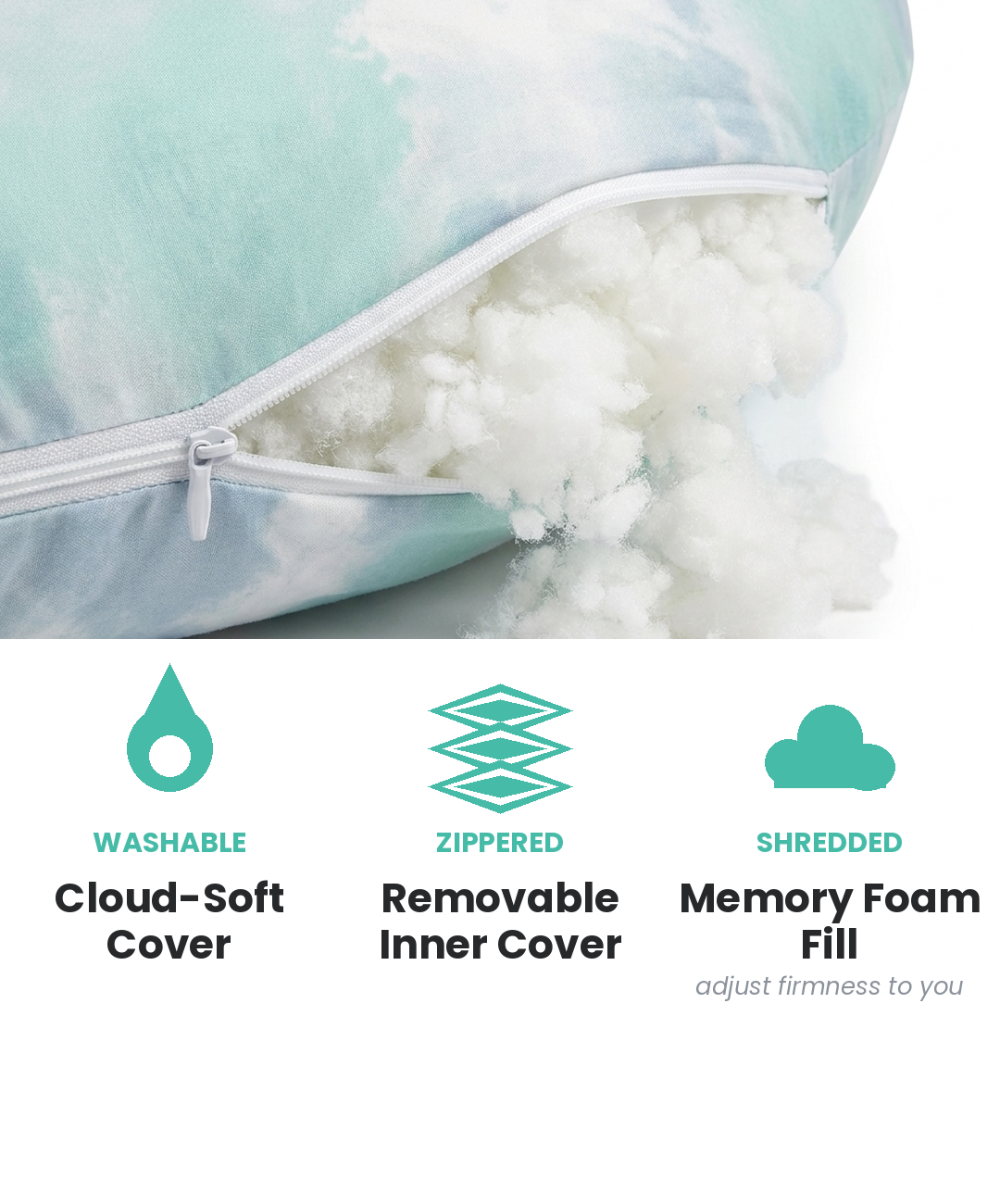 Cloud Pillow™ washable cover, zippered inner cover and shredded memory foam fill
