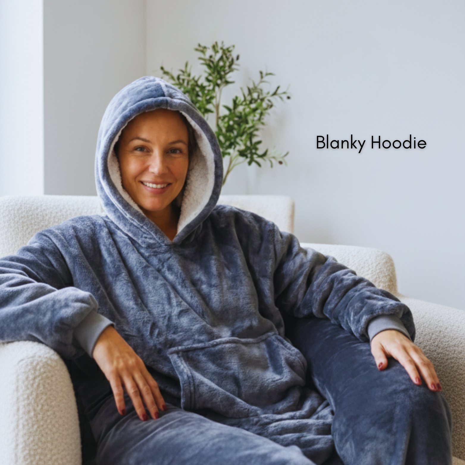 Woman wearing the Blanky Hoodie™ from the Comfy Wifey Set™