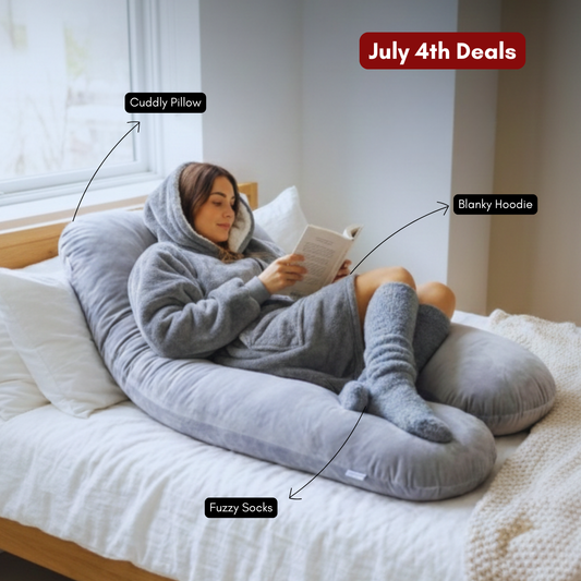 Comfy Wifey Set™ by The Snuggles: woman in bed with Cuddly Pillow™, Blanky Hoodie™ and Fuzzy Socks™
