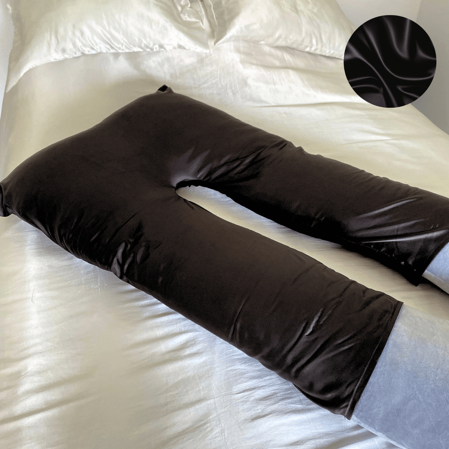 Black Cooling Silk Cover by The Snuggles fitted on a Cuddly Pillow™ U-shaped body pillow