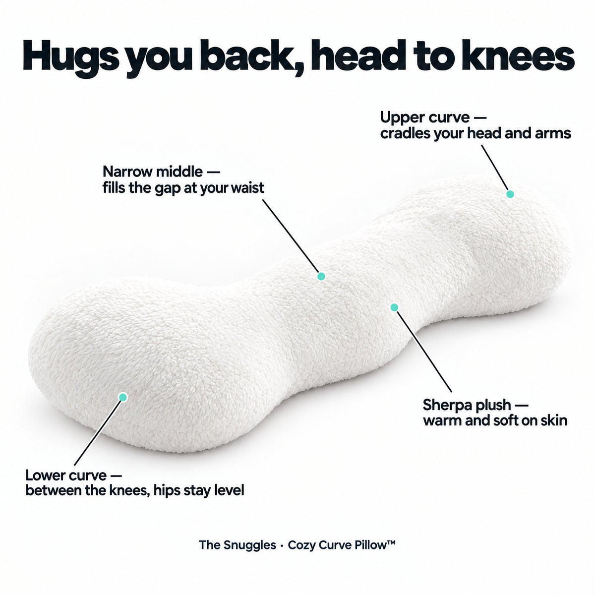 Cozy Curve Pillow features: upper curve for head and arms, narrow middle for the waist, lower curve between the knees, sherpa plush cover