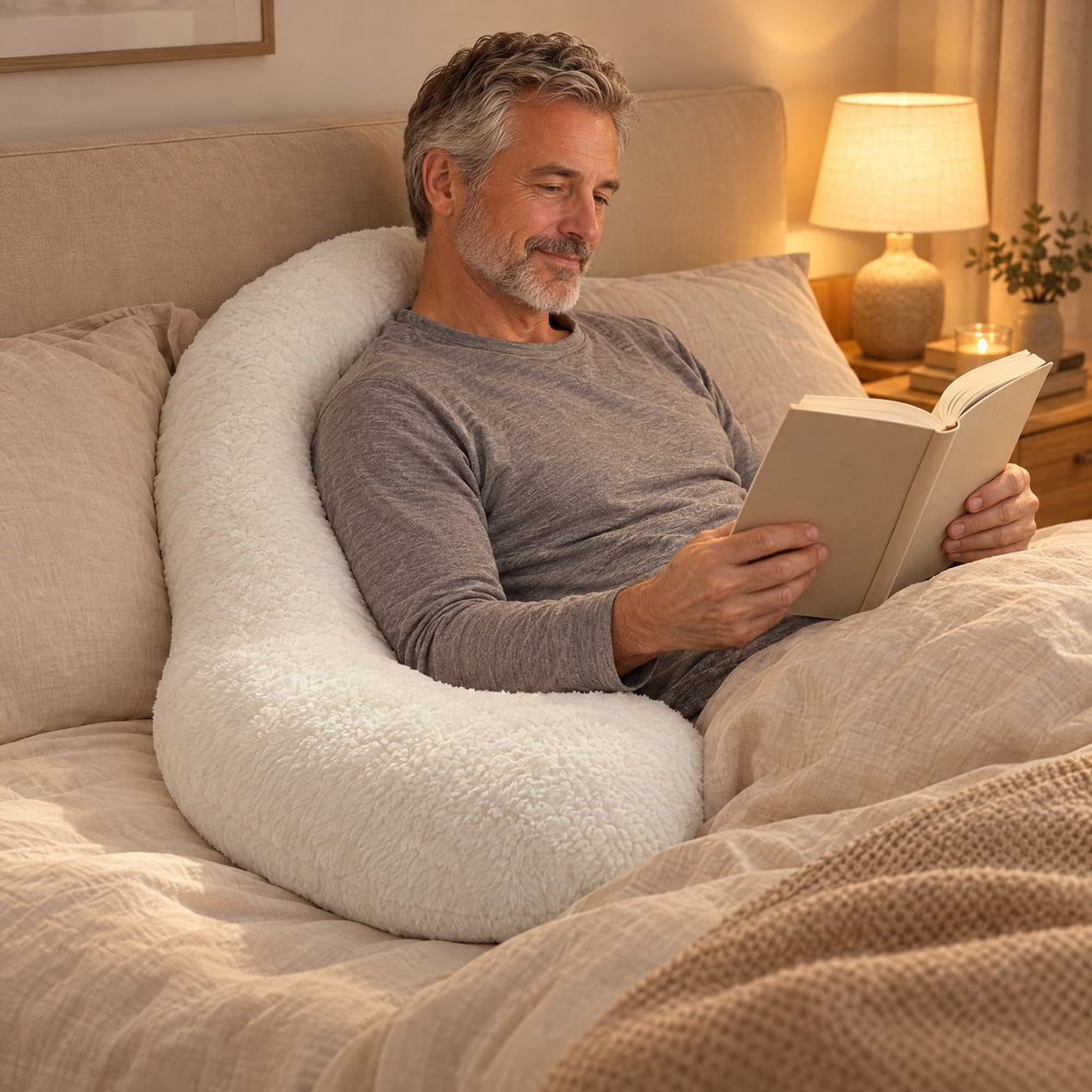 Man in his late 50s reading in bed, leaning back against the Cozy Curve Pillow