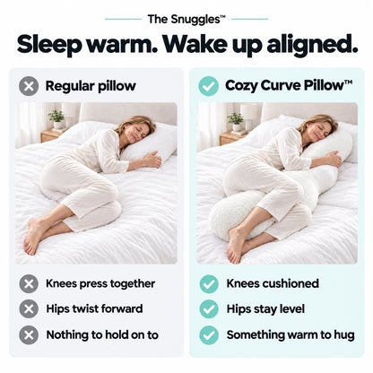 Regular pillow vs Cozy Curve Pillow: knees cushioned, hips stay level, something warm to hug