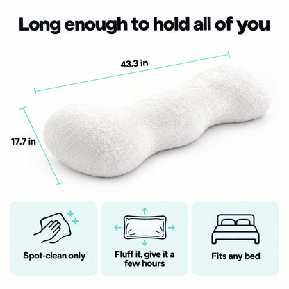 Cozy Curve Pillow size 43.3 x 17.7 inches, spot-clean only, fits any bed
