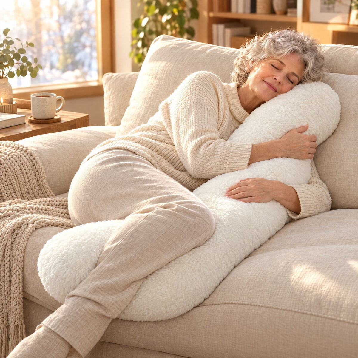 Woman in her 60s curled up on the sofa hugging the Cozy Curve Pillow