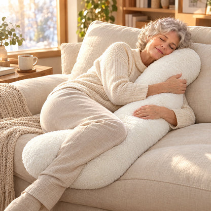 Woman in her 60s curled up on the sofa hugging the Cozy Curve Pillow
