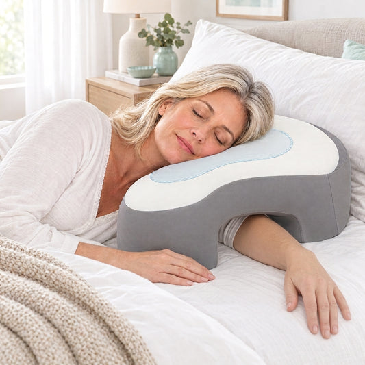 Woman sleeping on her side on the Cradle Pillow, arm resting through the arm tunnel on a white bed