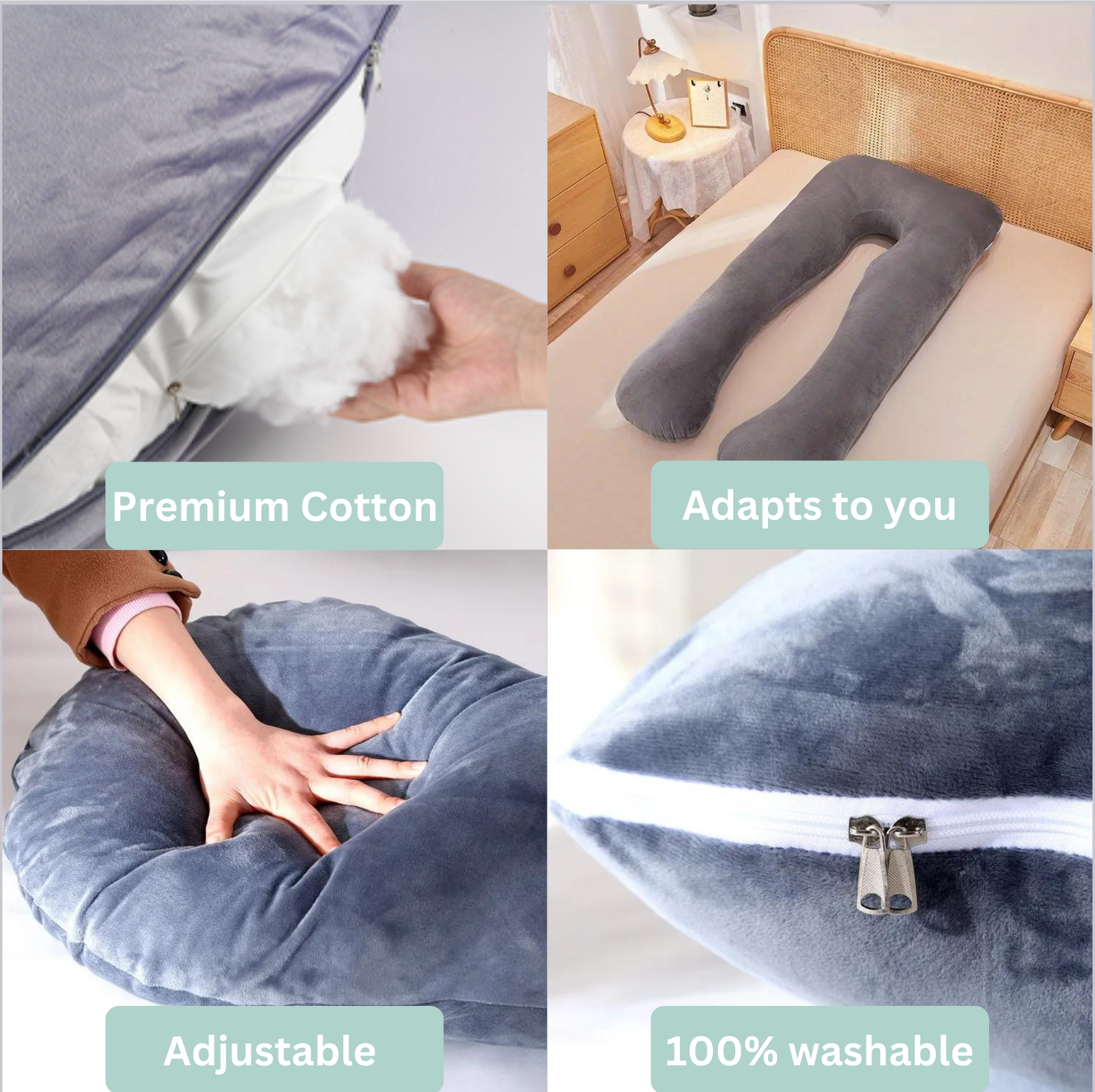 Cuddly Pillow™ features: premium cotton fill, adapts to you, adjustable, 100% washable cover