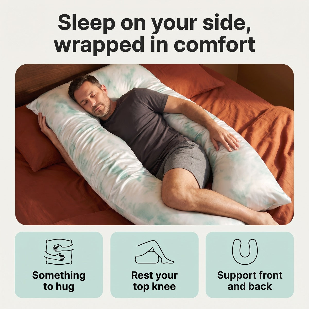 Sleep on your side, wrapped in comfort: man sleeping on his side in the Cuddly Pillow with a sky satin silk cover, something to hug, rest your top knee, support front and back