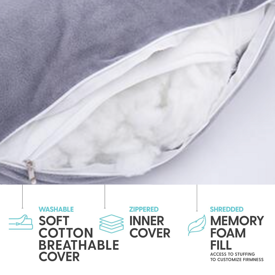 Cuddly Pillow™ zippered inner cover and shredded fill, with washable soft cotton outer cover