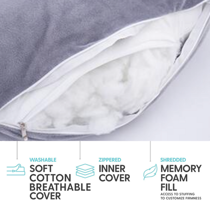 Cuddly Pillow™ zippered inner cover and shredded fill, with washable soft cotton outer cover