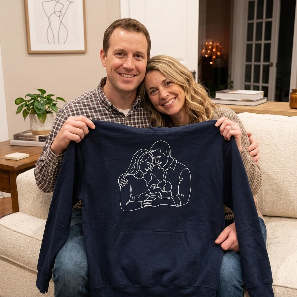 Couple holding a navy Custom Hoodie with their line-art portrait