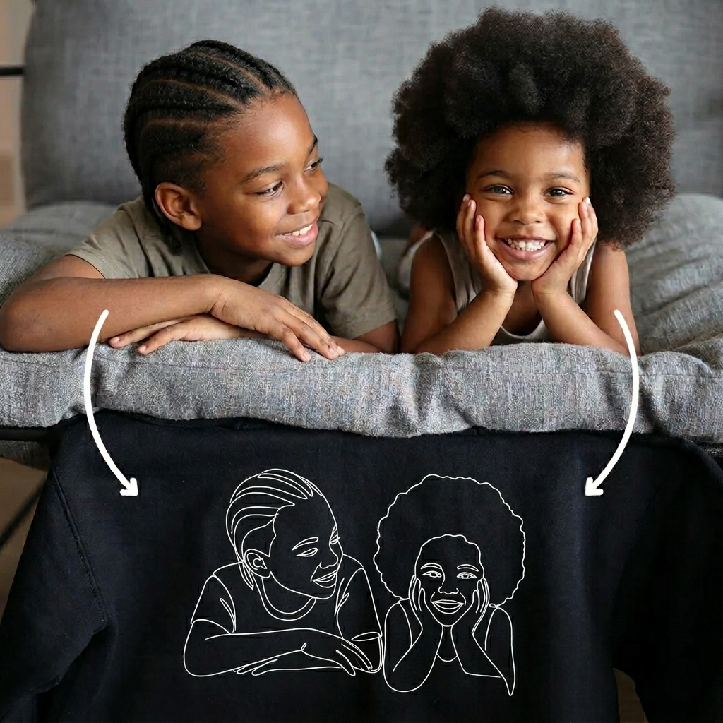 Two children above a black Custom Hoodie with their line-art portraits