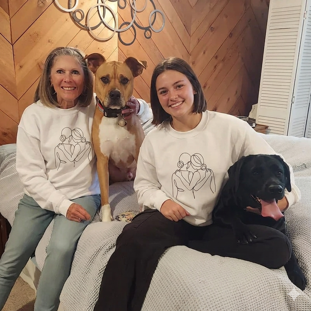 Mother and daughter in white Custom Hoodies with their line-art portraits