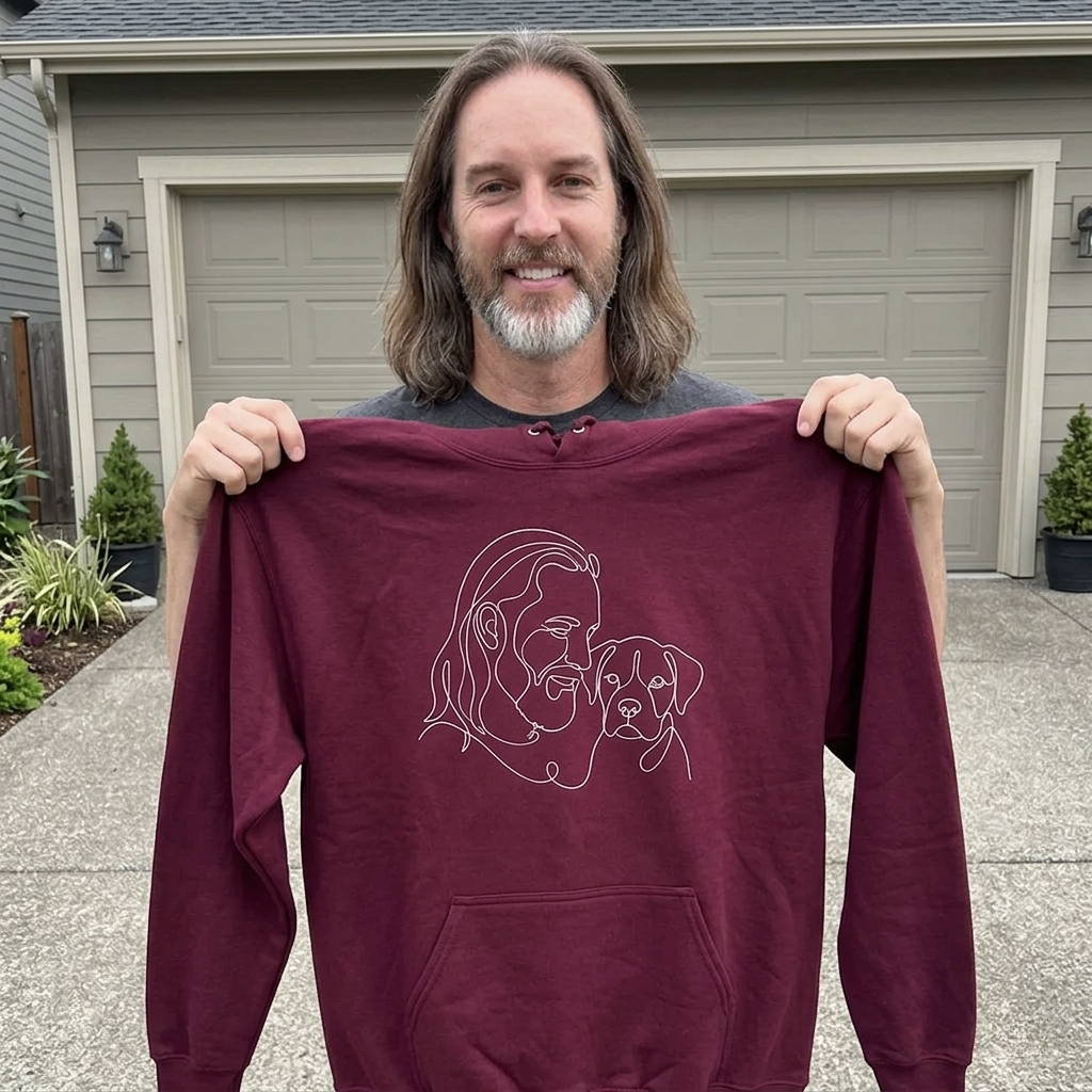 Man holding a burgundy Custom Hoodie with a line-art portrait of him and his dog