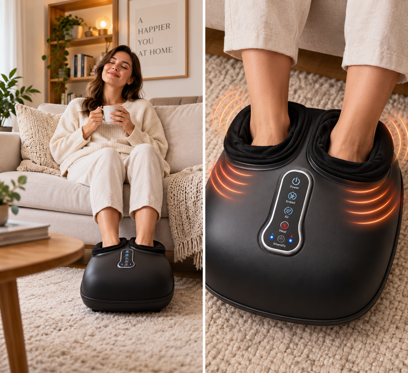 Woman relaxing on a sofa using the Feet Massager™ electric foot massager
