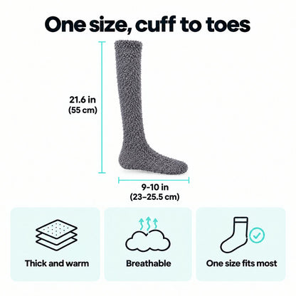 Fuzzy Socks size: 21.6 in (55 cm) long, foot 9 to 10 in (23 to 25.5 cm), one size fits most