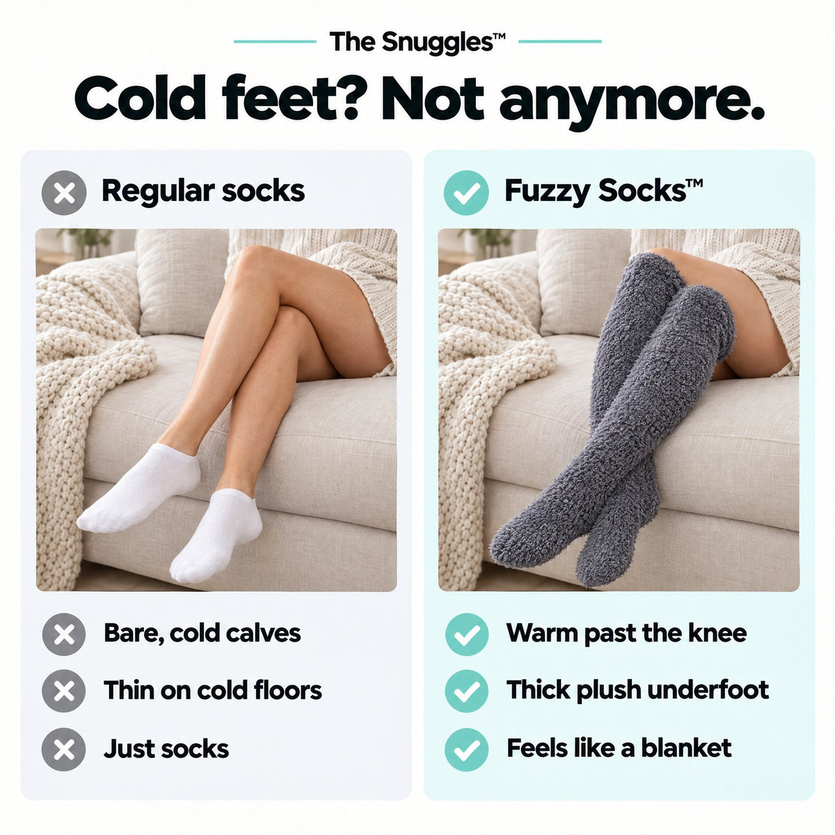 Regular socks vs Fuzzy Socks: warm past the knee, thick plush underfoot, feels like a blanket