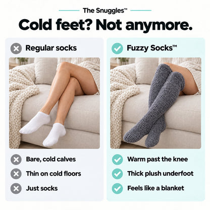 Regular socks vs Fuzzy Socks: warm past the knee, thick plush underfoot, feels like a blanket