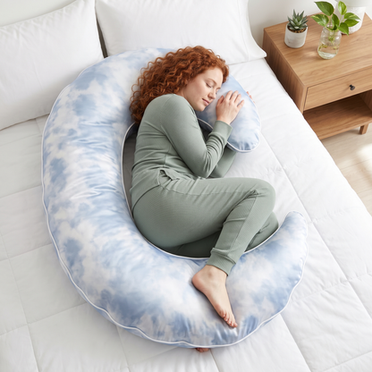 Moon Pillow cradling a woman in a cozy fetal position, overhead view