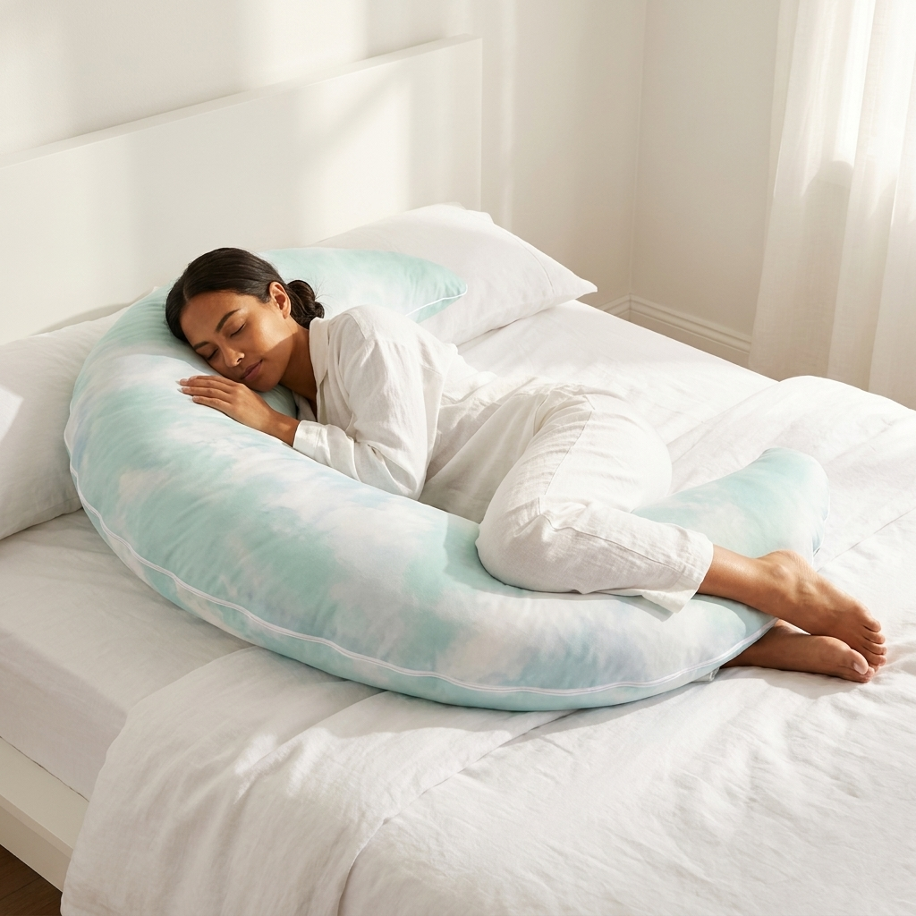 Woman nestled on her side into the mint Claude pillow crescent, morning light