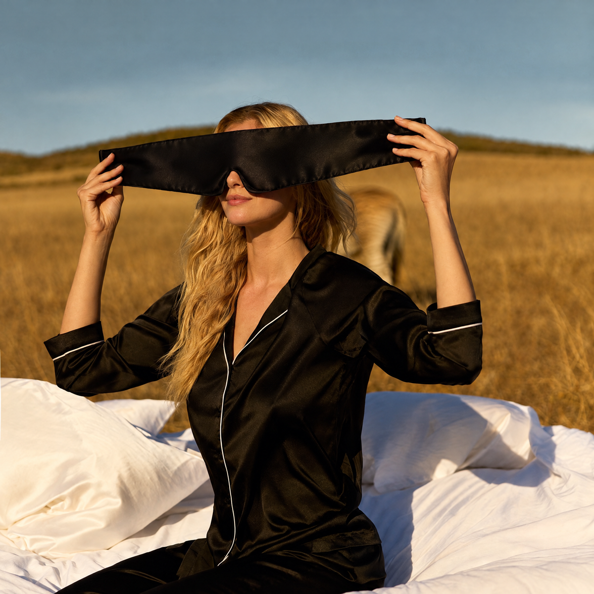Woman in silk pyjamas holding The Snuggles Silky Sleep Mask outdoors