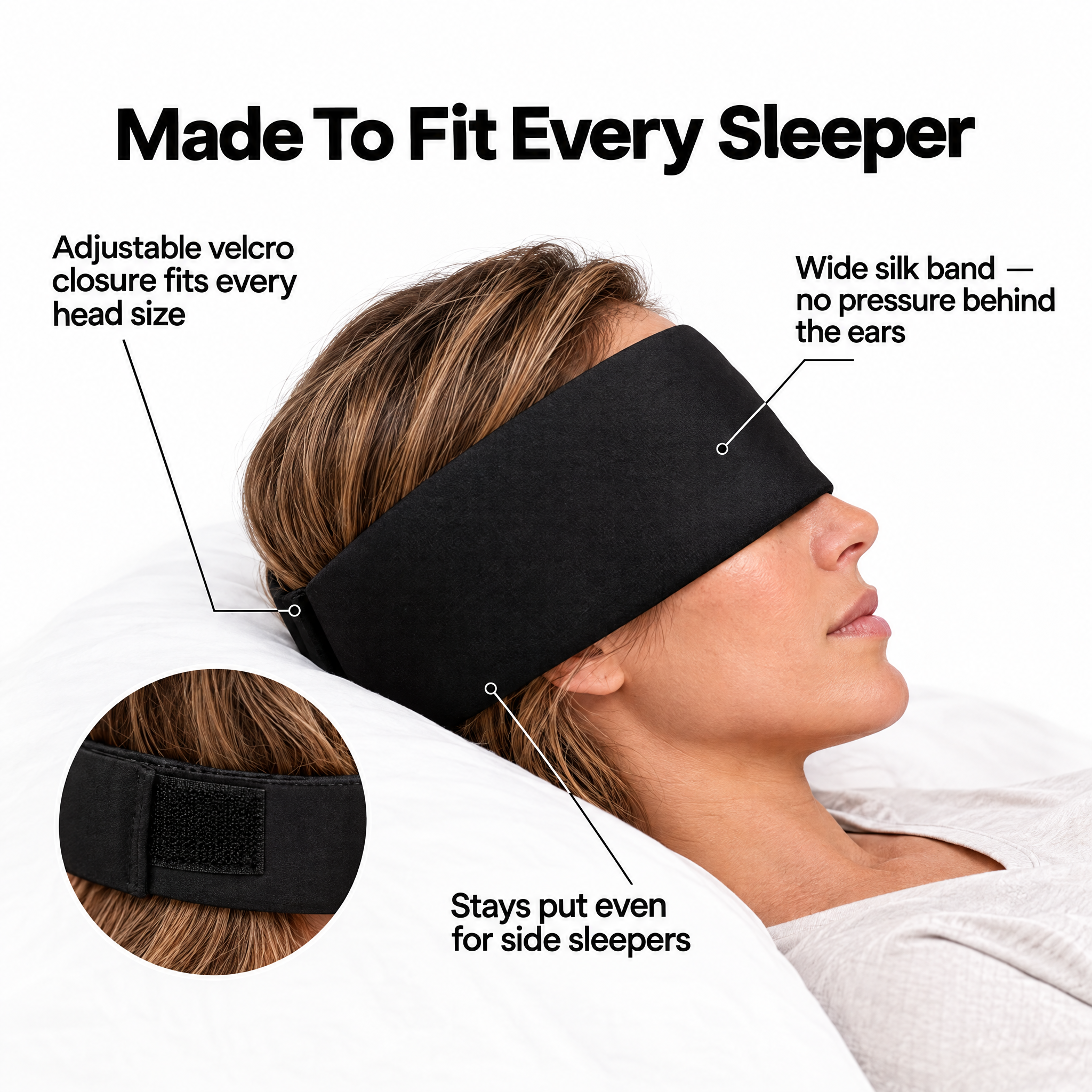 Silky Sleep Mask adjustable velcro closure, made to fit every sleeper