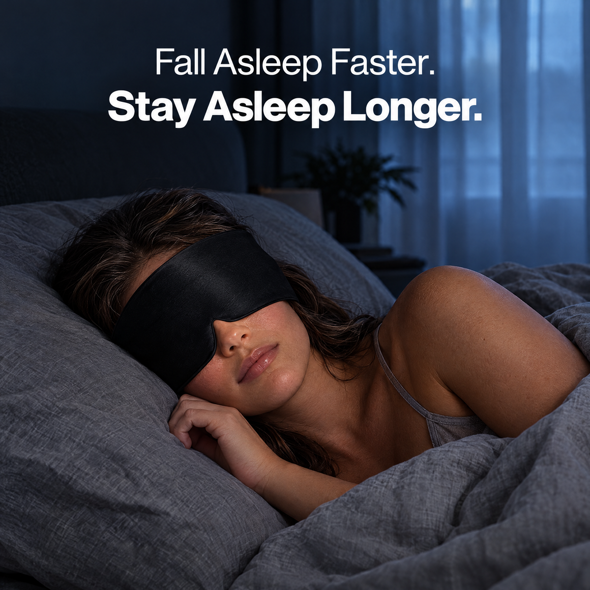 Woman asleep wearing The Snuggles Silky Sleep Mask: fall asleep faster, stay asleep longer