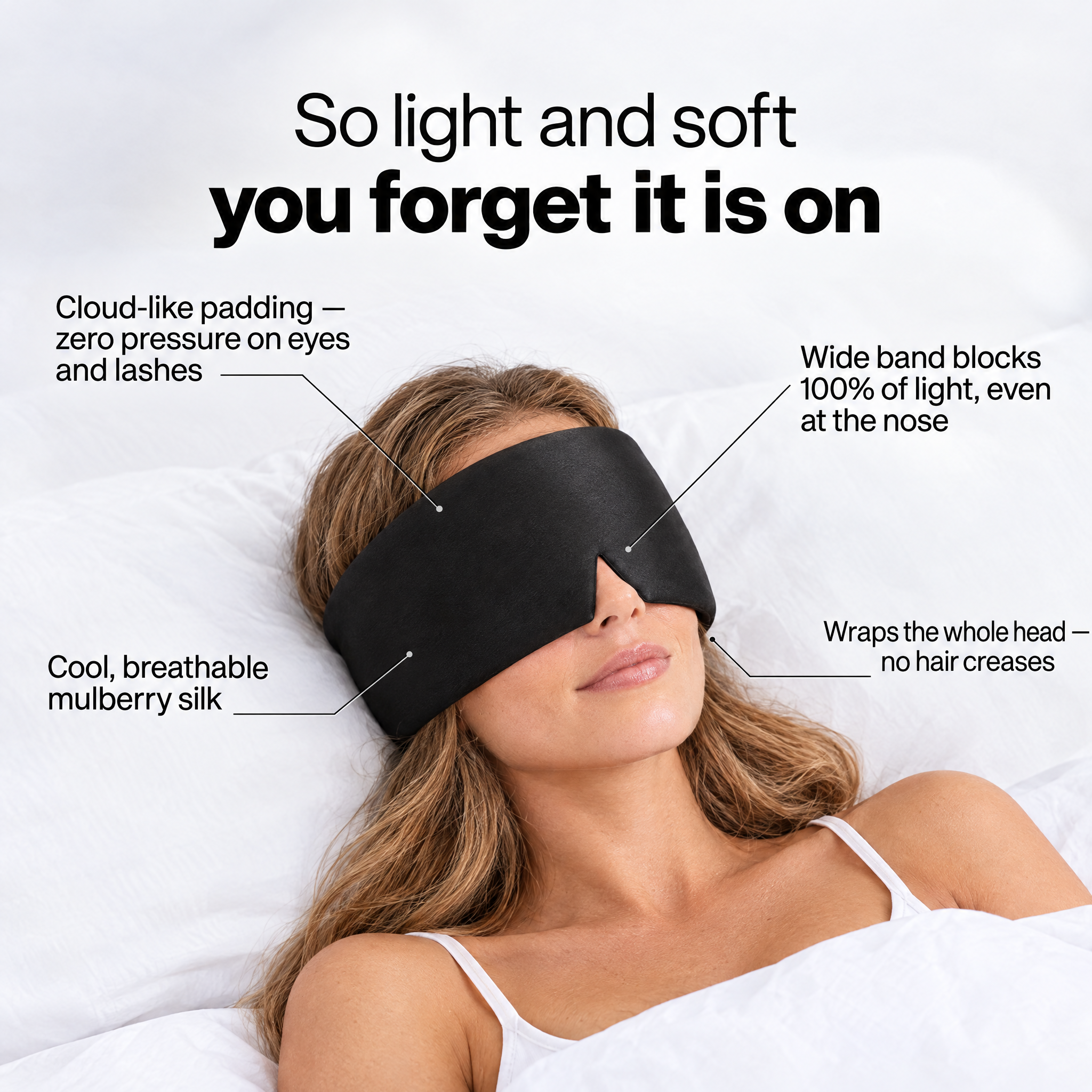 Silky Sleep Mask features: cloud-like padding, 100% light blocking, breathable mulberry silk