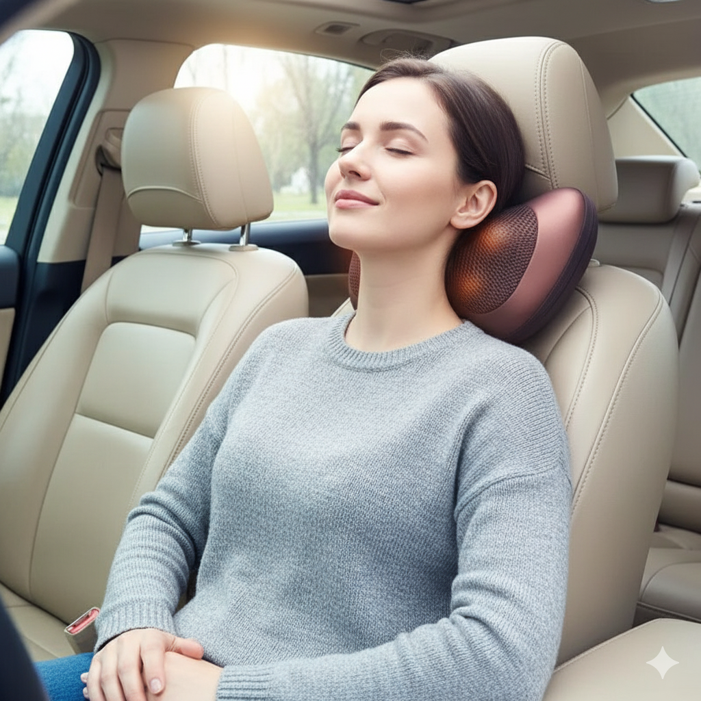 Woman using the Neck & Back Massager on a car headrest