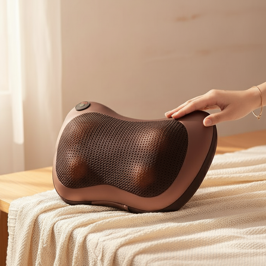 Neck & Back Massager by The Snuggles, brown shiatsu massage pillow