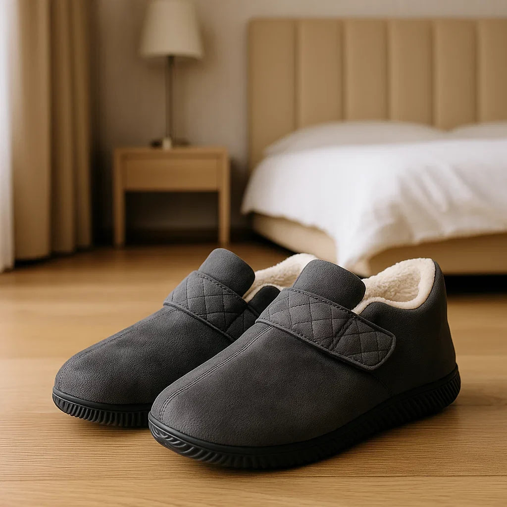 Grey Orthopedic Healing Slippers by The Snuggles on a bedroom floor