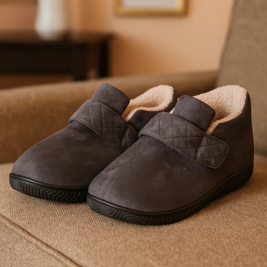 Grey Orthopedic Healing Slippers by The Snuggles with fleece lining and adjustable strap