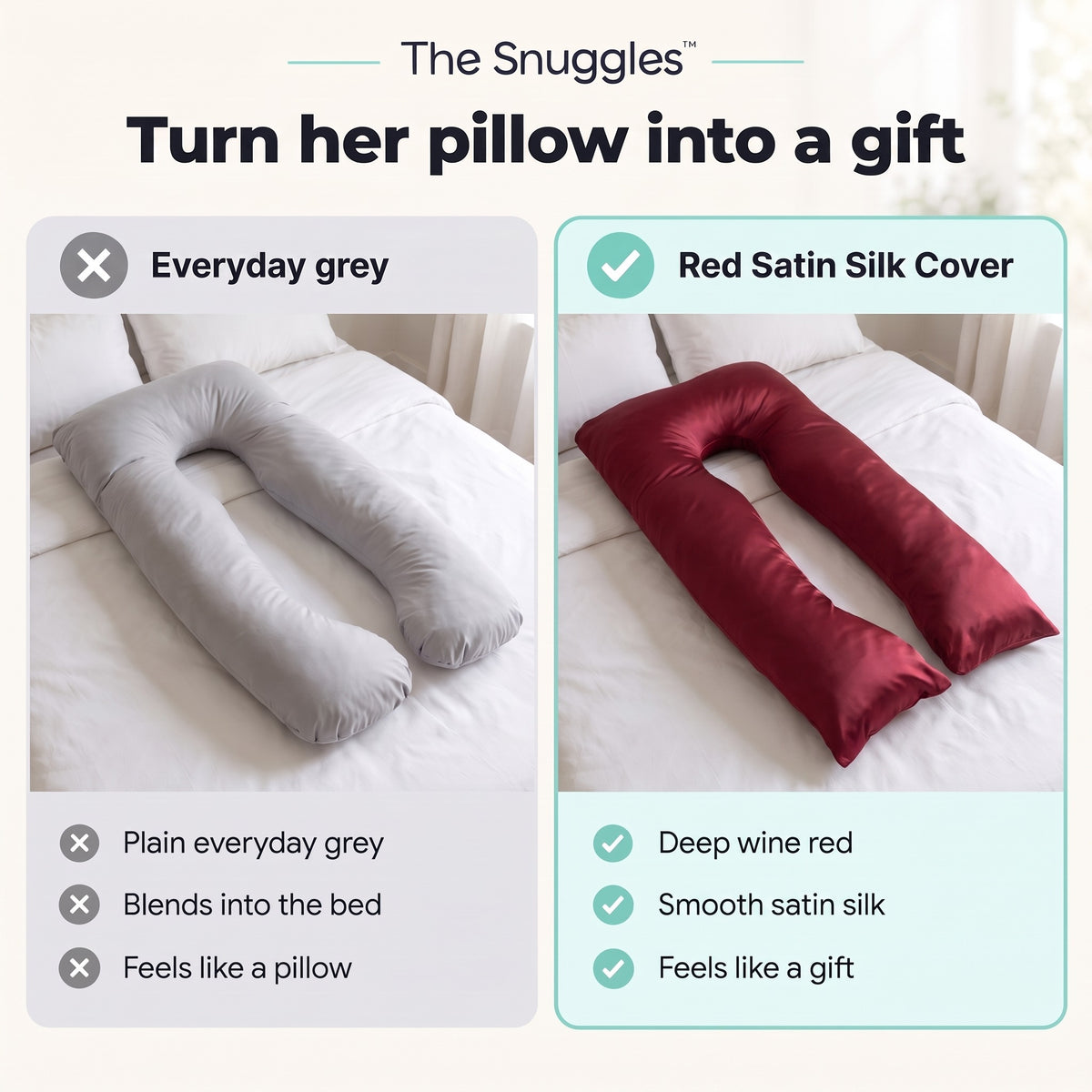 Everyday grey pillow vs the Red Satin Silk Cover: deep wine red, smooth satin silk, feels like a gift