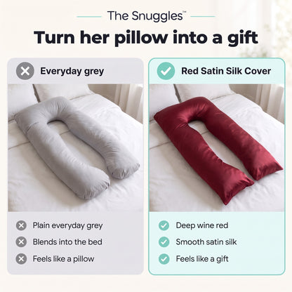 Everyday grey pillow vs the Red Satin Silk Cover: deep wine red, smooth satin silk, feels like a gift