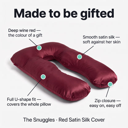 Red Satin Silk Cover features: deep wine red, smooth satin silk, full U-shape fit, zip closure